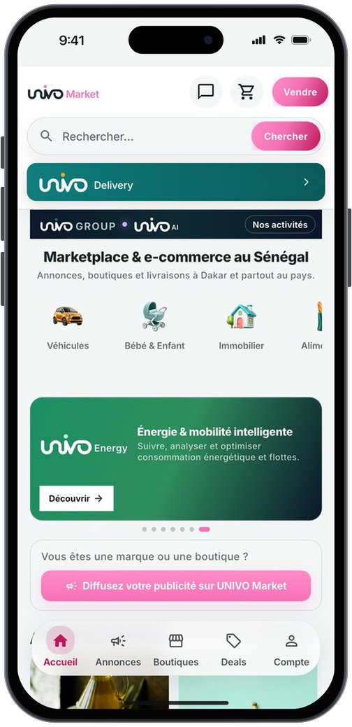 UNIVO Market, écran d’accueil