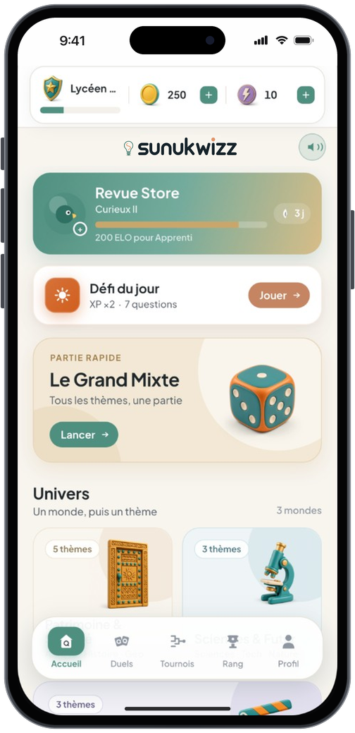 SunuKwizz, écran d’accueil : défi du jour et univers
