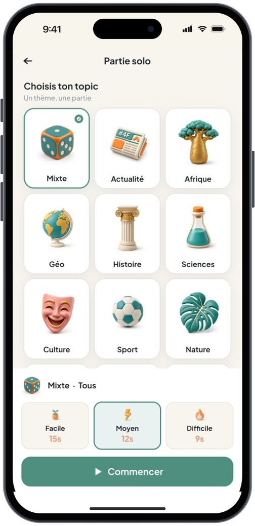 SunuKwizz, choix du thème et de la difficulté